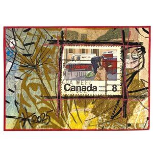 ACEO Original Art Acrylic Collage 1974 Mail Carrier Canada Postage Stamp ATC